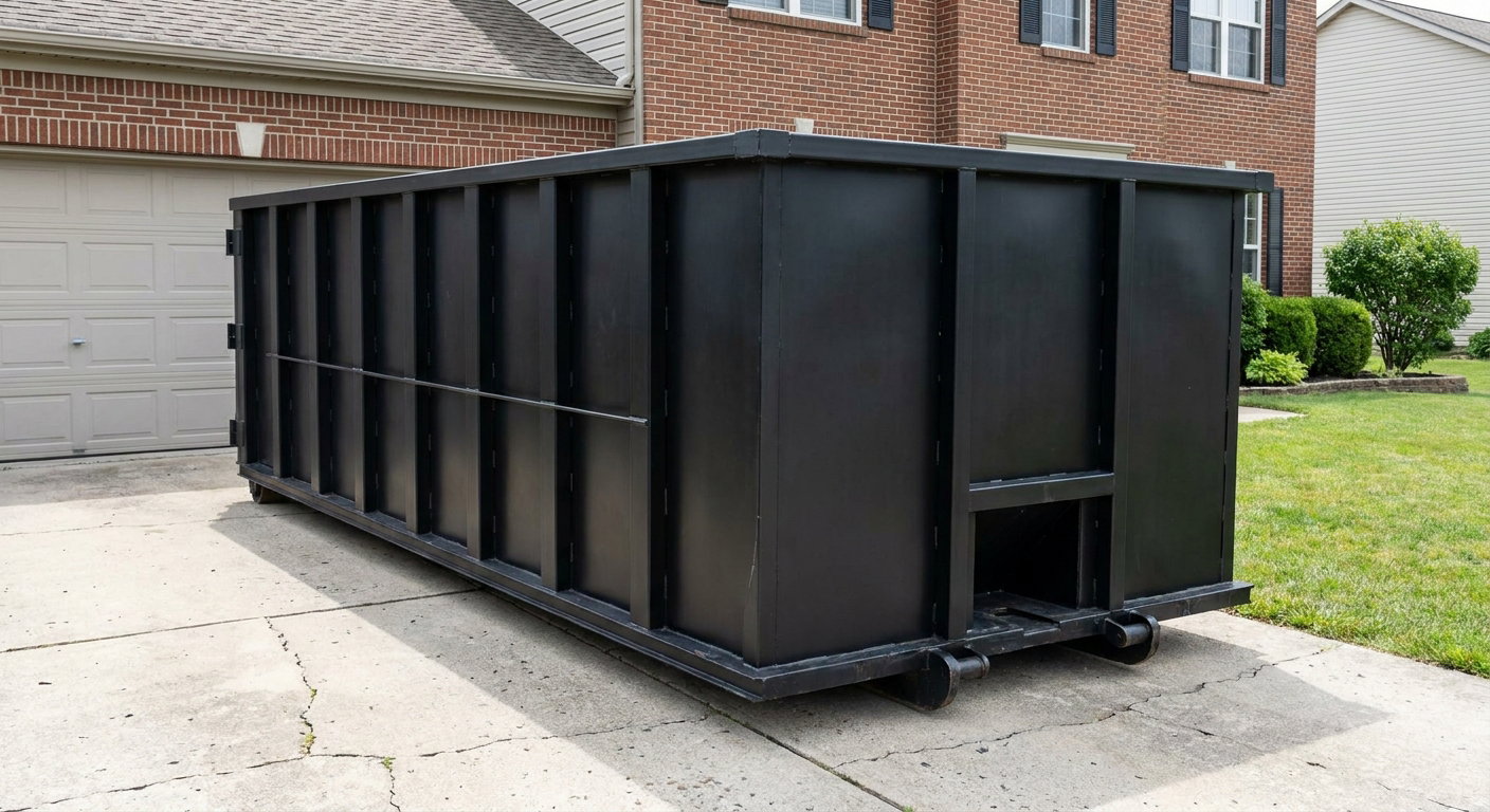 Matte-black 20-yard roll-off container on a Lowell residential concrete driveway with reinforced ribbed steel sidewalls and a hinged rear walk-in door, clean bright daylight.