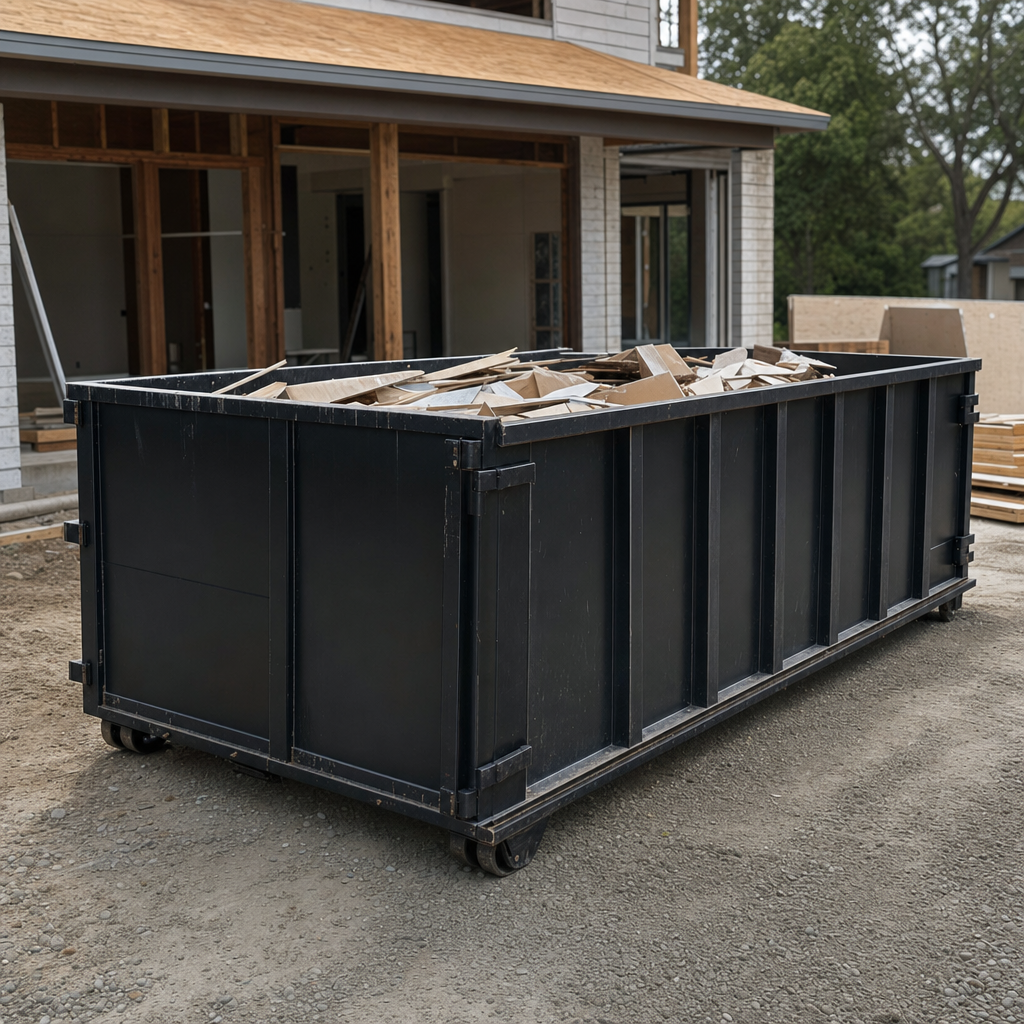 Large matte-black 30-yard construction roll-off dumpster at an active Lowell jobsite, steel-gray top rails and bottom rollers visible, loaded with construction debris.