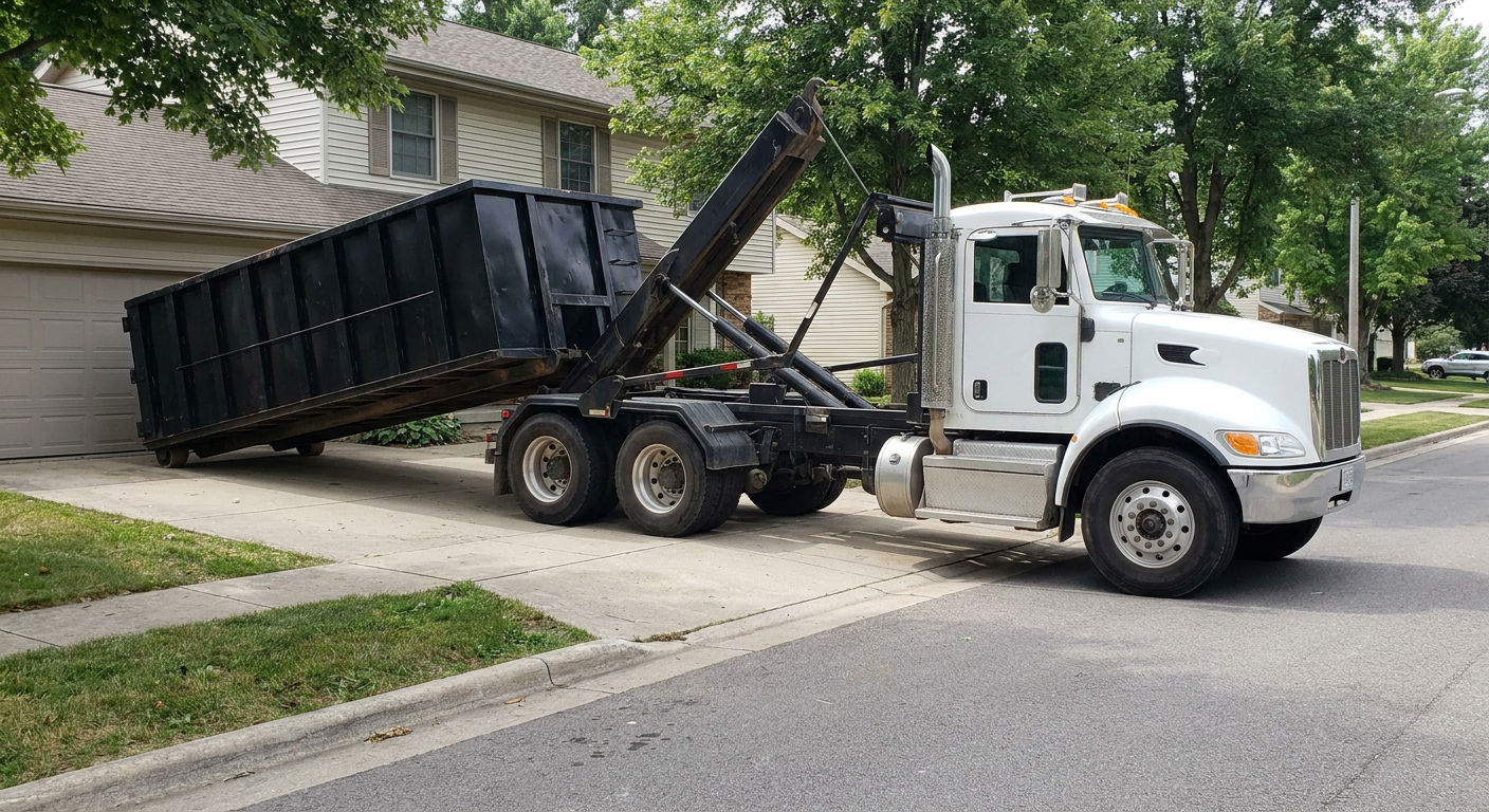 White-cab hooklift roll-off truck actively lowering a matte-black dumpster onto a Lowell residential concrete driveway, the dumpster's rear wheels touching the driveway as the hoist arm tilts the bed forward, mid-morning daylight.