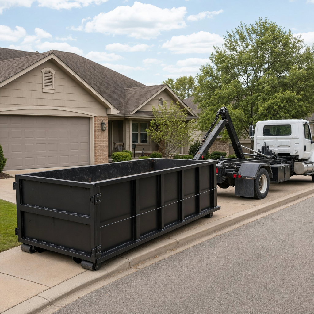 Wide documentary shot of a matte-black roll-off dumpster on a Lowell residential driveway in the foreground and a contractor jobsite container in the soft-focus background, bright daylight, calm and orderly composition.